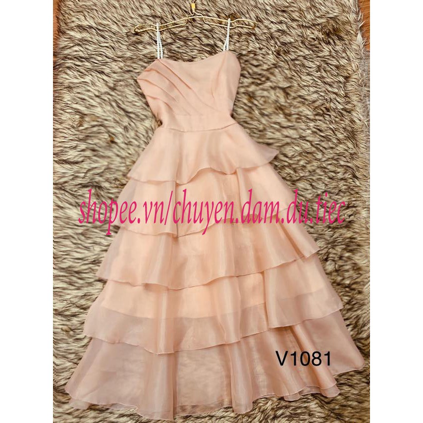Đầm dự tiệc V1081 Váy hai dây ngọc 5 tầng  Màu be size S, M, L