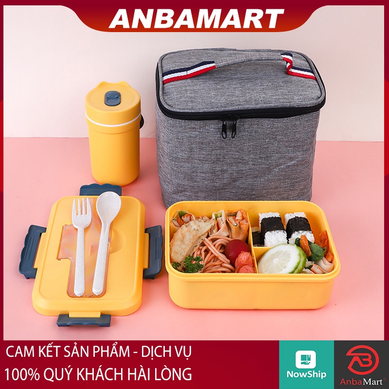 Combo Hộp Đựng Cơm Giữ Nhiệt Văn Phòng 3 Ngăn Lúa Mạch Kèm Muỗng Đũa, Túi giữ nhiệt đựng cơm, Cốc đựng canh