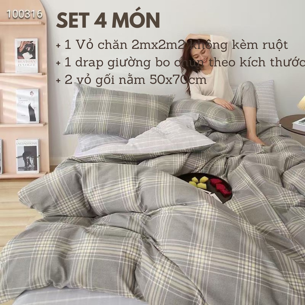 Bộ chăn ga gối Cotton Organic M2T BEDDING phong cách Hàn Quốc hiện đại đủ kích thước - COTTON Kẻ ô vuông Xám
