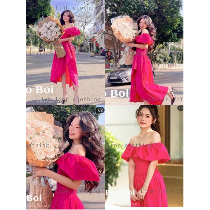 Váy đầm trễ vai màu hồng bèo, chân váy xếp vạt chất thô mềm hàng thiết kế loại 1 nổi bật, sang chảnh - hàng sẵn đủ size