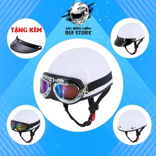 ☬✐♤Mũ bảo hiểm nửa đầu, 1 2 trơn lồng thoáng khí, khóa đỏ cao cấp - màu trắng bóng
