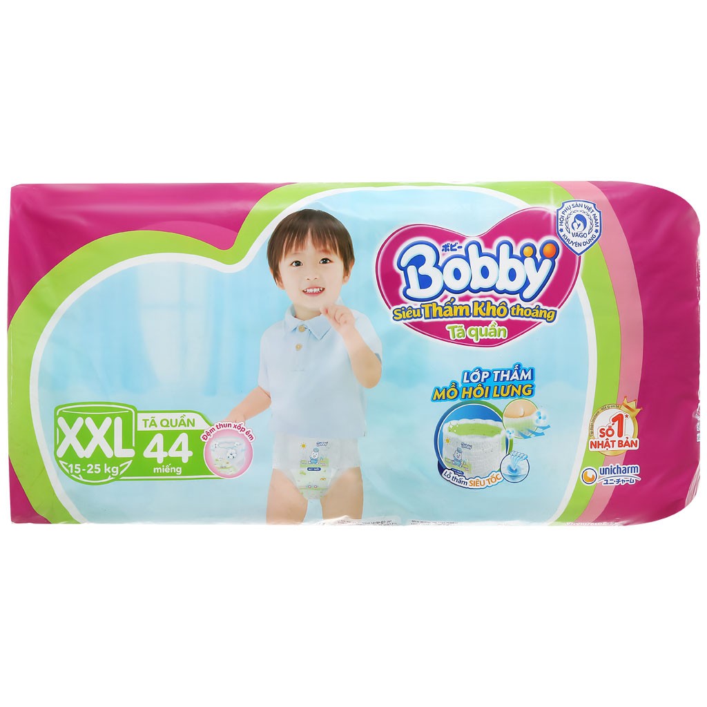 [CHÍNH HÃNG] Bỉm - Tã Quần Bobby Siêu Thấm Khô Thoáng Size XXL44 (Lớp thấm mồ hôi lưng, cho bé 15-25kg)