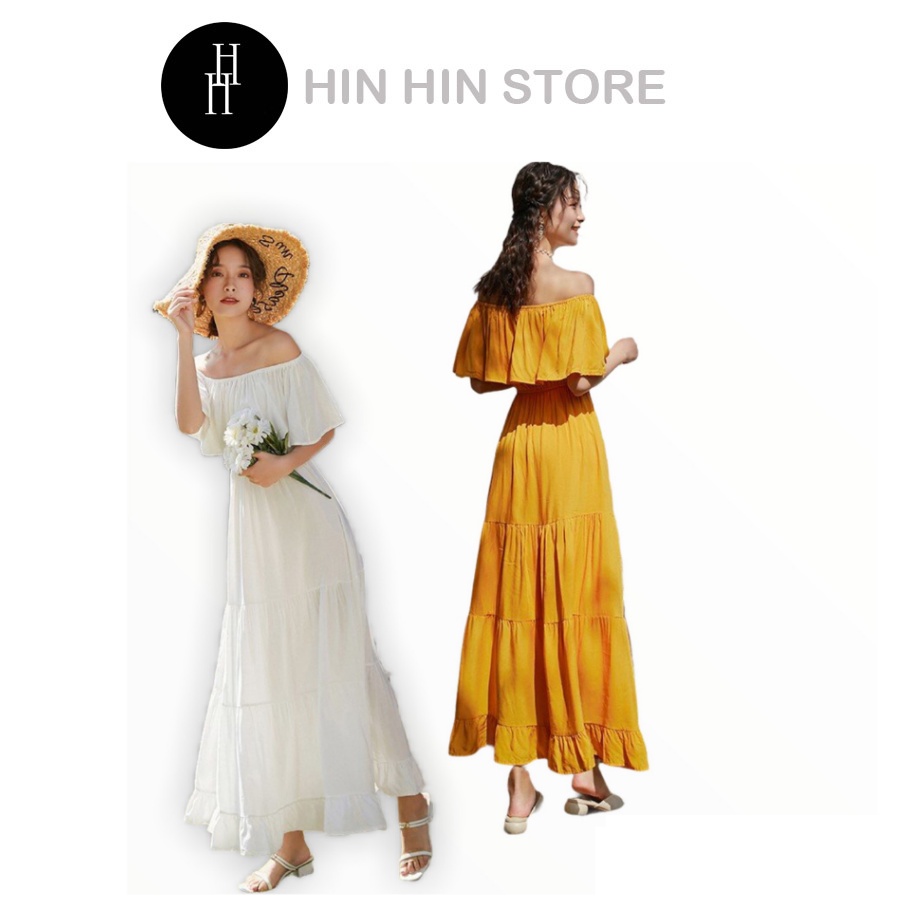 Đầm maxi trễ vai basic màu vàng & trắng HDC53 Hỉn Hỉn Store