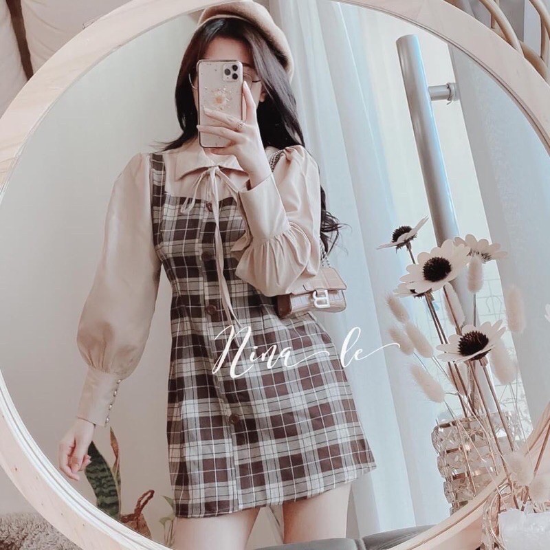 [SẴN] ĐẦM VÁY GIẢ YẾM KẺ CARO NÂU | BigBuy360 - bigbuy360.vn