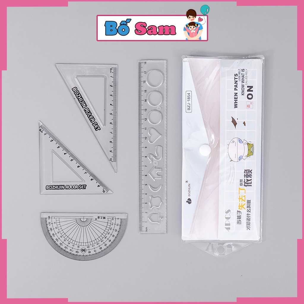 Bộ eke thước kẻ học sinh dụng cụ 4 chiếc trong suốt nhiều kích cỡ cute Shop Bố Sam