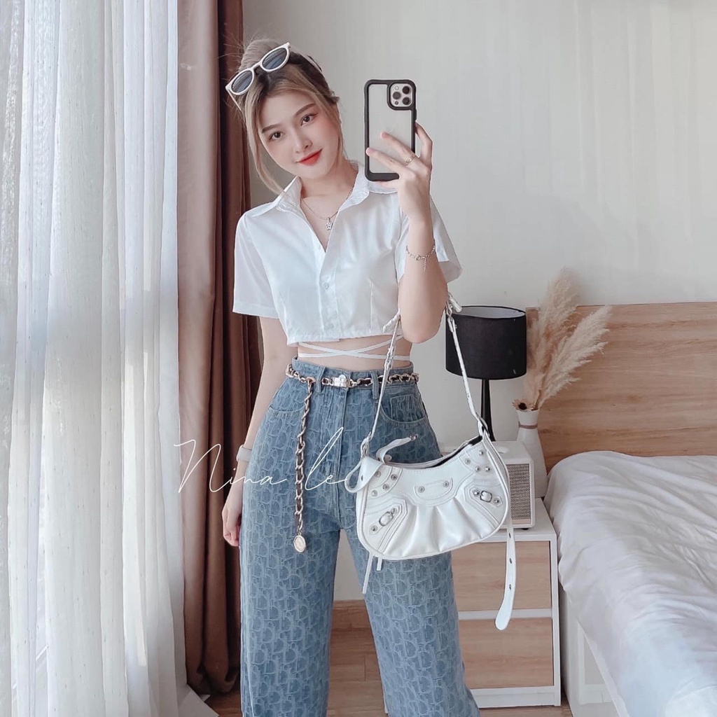 (MC)Áo sơ mi Tay Ngắn dáng croptop dây buộc quấn eo alohashop91