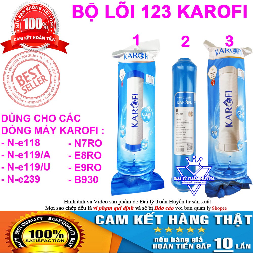 Bộ 3 lõi lọc nước karofi số 123 dùng cho model N-e118 N-e119/A N-e119/U