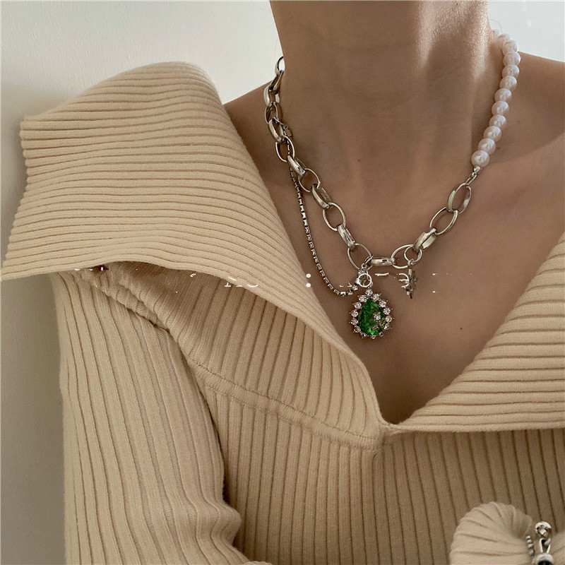 vòng cổ Đính Đá Xanh Phong Cách Vintage Hàn Quốc