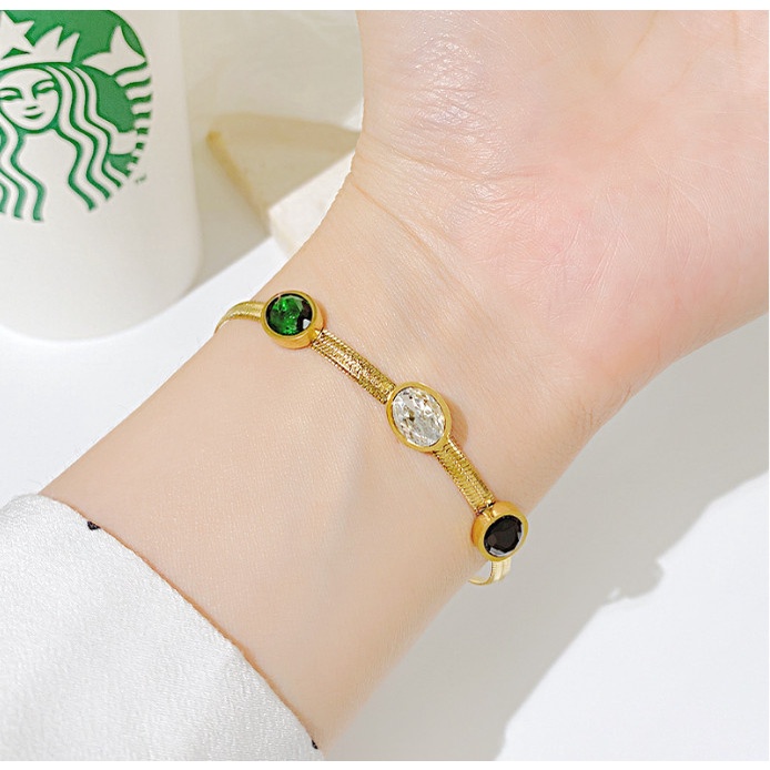 Lắc Tay Nữ Sợi Mì To Ngọc Lục Bảo Nhân Tạo Titan Ko Đen TT 4434