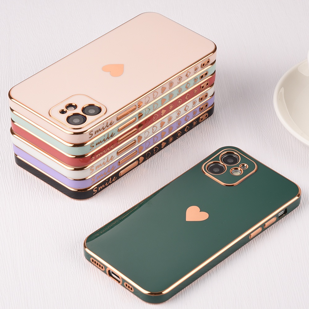 Ốp Điện Thoại Vuông Mềm Mạ Viền Hình Trái Tim Bảo Vệ Ống Kính Máy Ảnh Cho iPhone 11 12 13 Pro Max 7 8 Plus