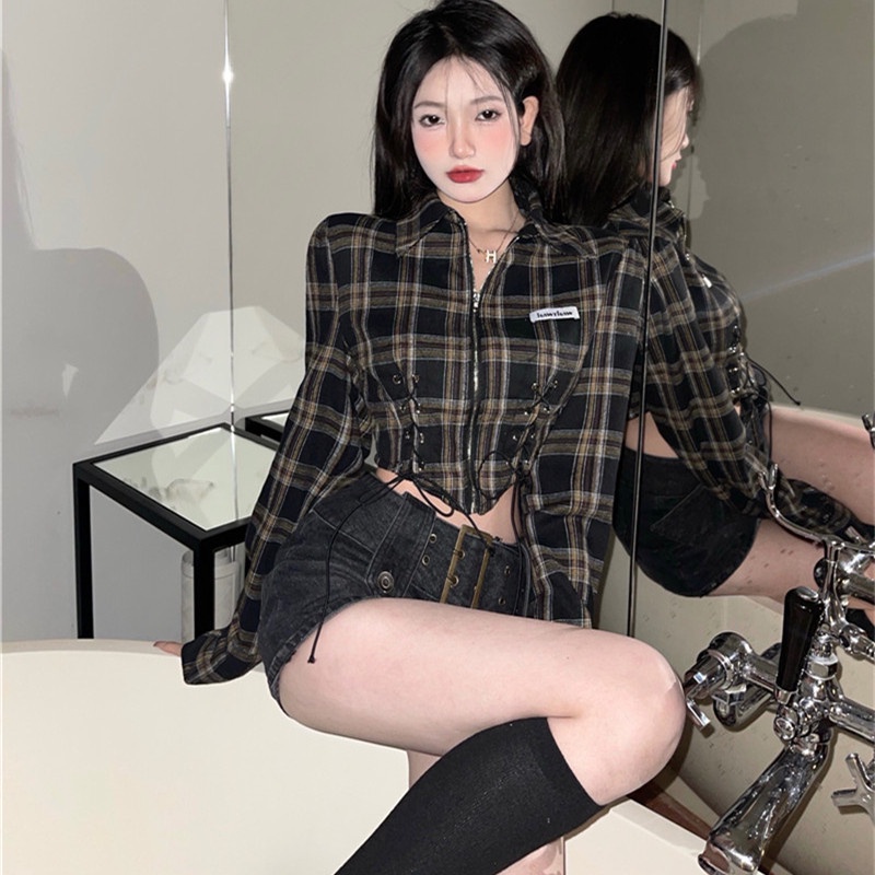 Áo sơ mi croptop tay dài họa tiết sọc kẻ caro cá tính hợp thời trang dành cho nữ