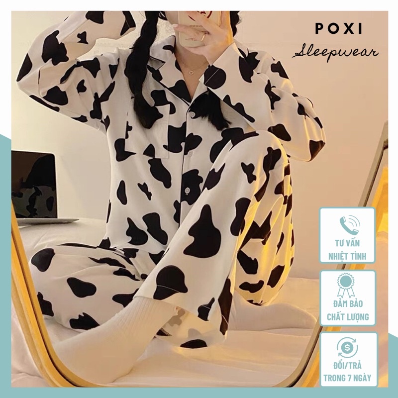 Bộ đồ ngủ dài tay thun cotton hoạ tiết hình bò sữa dễ thương