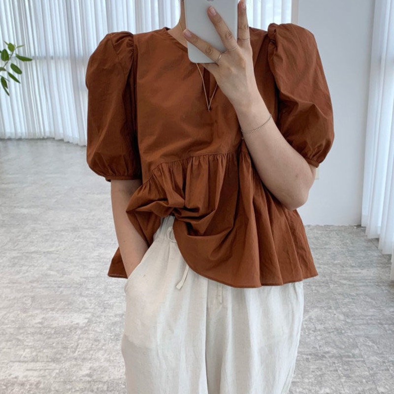 Áo Sơ Mi Tay Ngắn Phiên Bản Hàn Quốc 165871 Áo Sơ Mi Cổ Tròn Tay Phồng Dáng Rộng Thời Trang Cổ Điển Cho Nữ