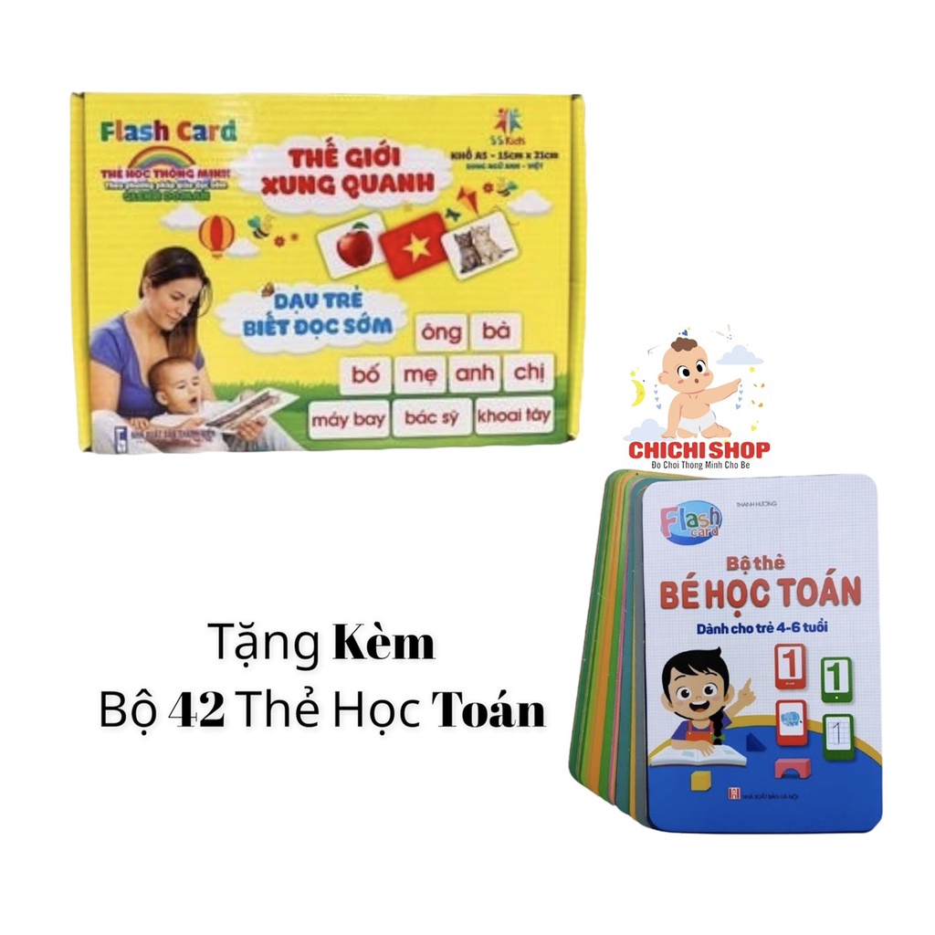 (Tặng Kèm Bộ 42 Thẻ Học Toán) Trọn Bộ 100 Thẻ Học Thông Minh Song Ngữ Anh-Việt Khổ A5 KT 15x21cm Theo PP Glenn Doman