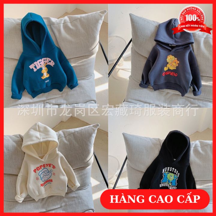 Áo Hoodie Nỉ Bé Trai Thu Đông Dài Tay Có Mũ In Hoạt Hình Đi Học Đi Chơi Diện Tết Tặng Tất Gấu 25K