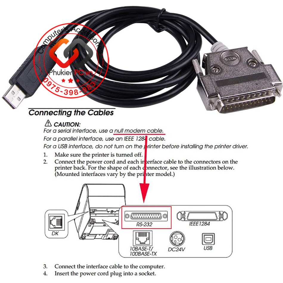 Dây cáp COM USB to DB25 (RS232) chân đực cho máy CNC FANUC AMADA Hitachi Brother chip FTDI size dài từ 1.8M 3M 5M