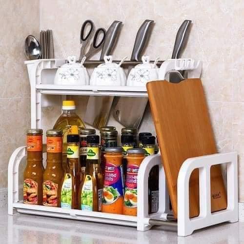 Kệ Đựng Gia Vị Nhà Bếp Kèm Khay Đựng Thớt và Móc Treo