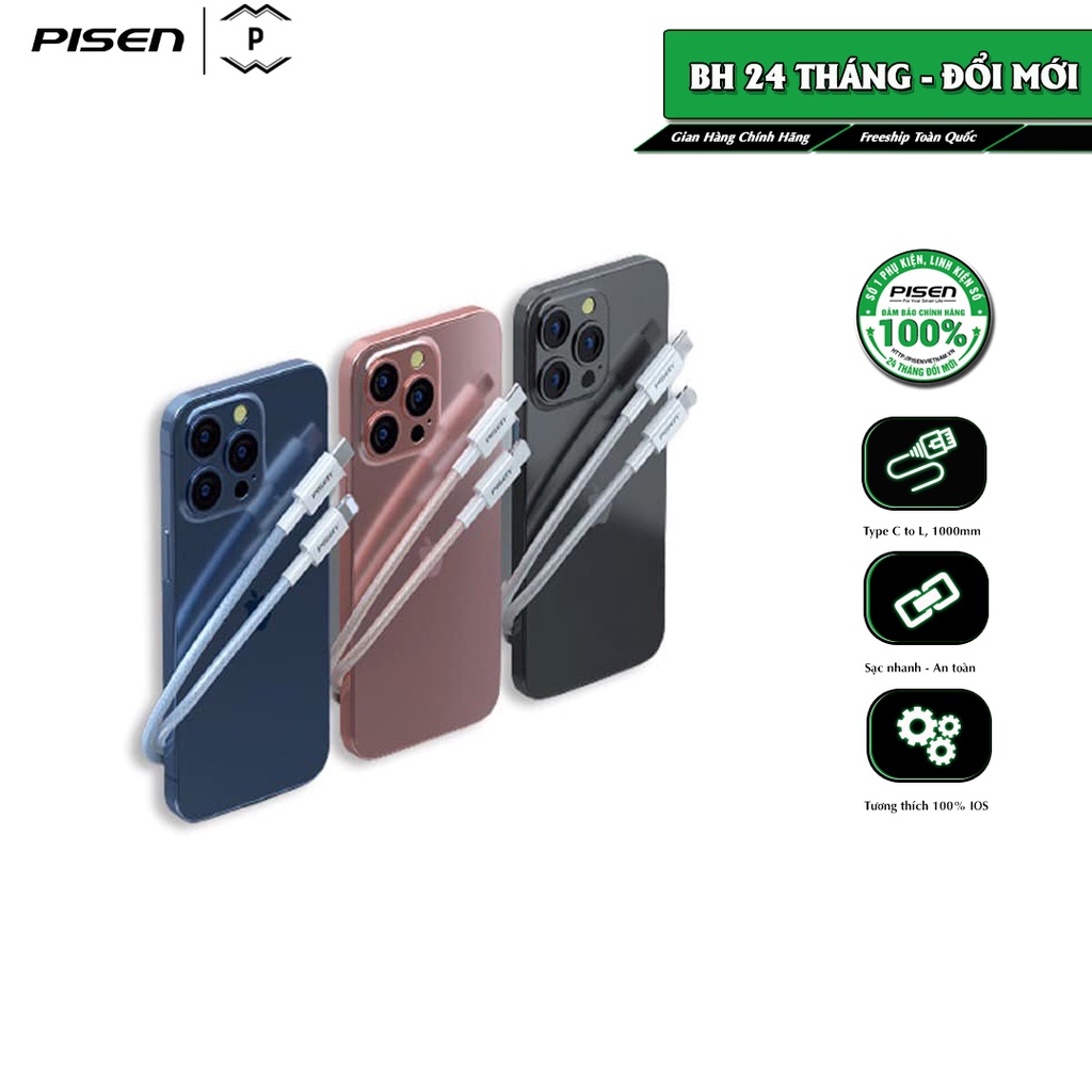 Cáp PISEN Quick Type-C to L Colorful, sạc nhanh, công suất sạc 20W, model: DM-TC10-1000 - Hàng chính hãng