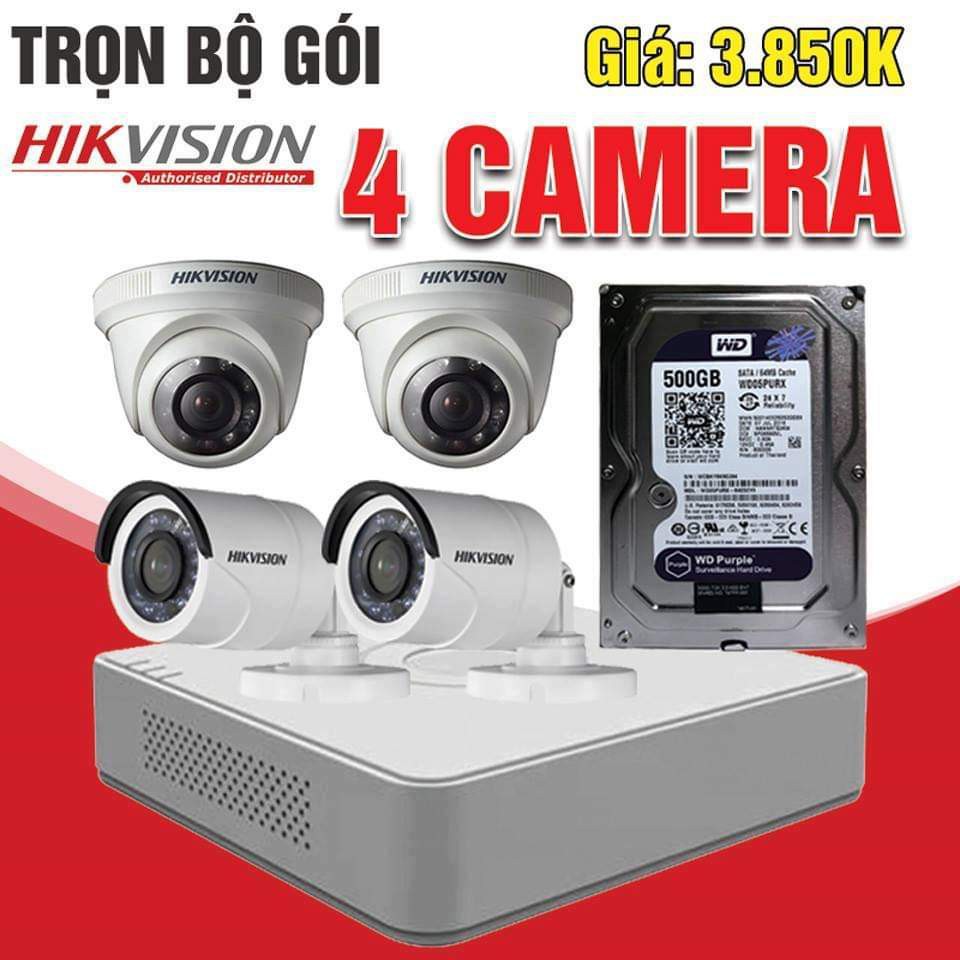 Trọn bộ 4 camera HIKVISION 2M đủ phụ kiện