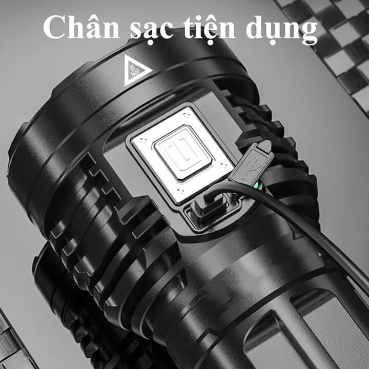 Đèn Pin Cầm Tay Siêu Sáng Chiếu Xa 200M 4 Chế Độ Sáng, Chống Thấm Nước, Đèn Pin Mini 8 Bóng LED Có COB Phụ