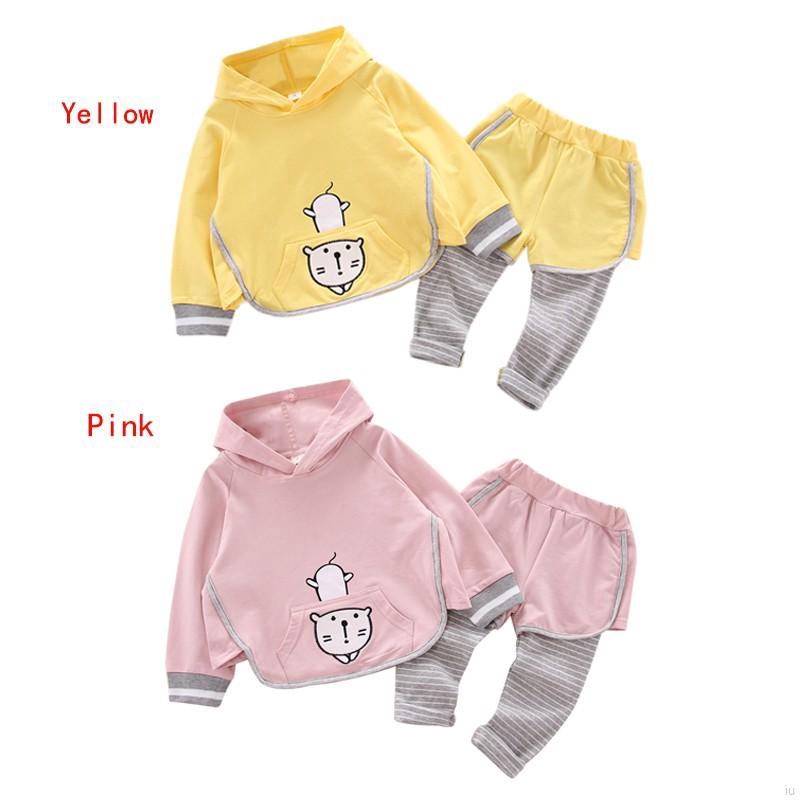 Bộ áo nỉ hoodie + quần dài kẻ sọc cho bé gái