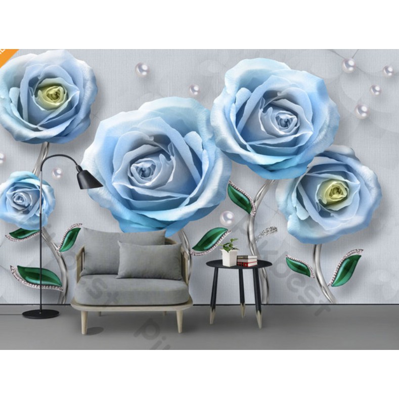 Tranh dán tường 3d, Hoa hồng xanh trang trí phòng khách phòng ngủ hiện đại(tích hợp sẵn keo) MS818614 (kích thước lớn)