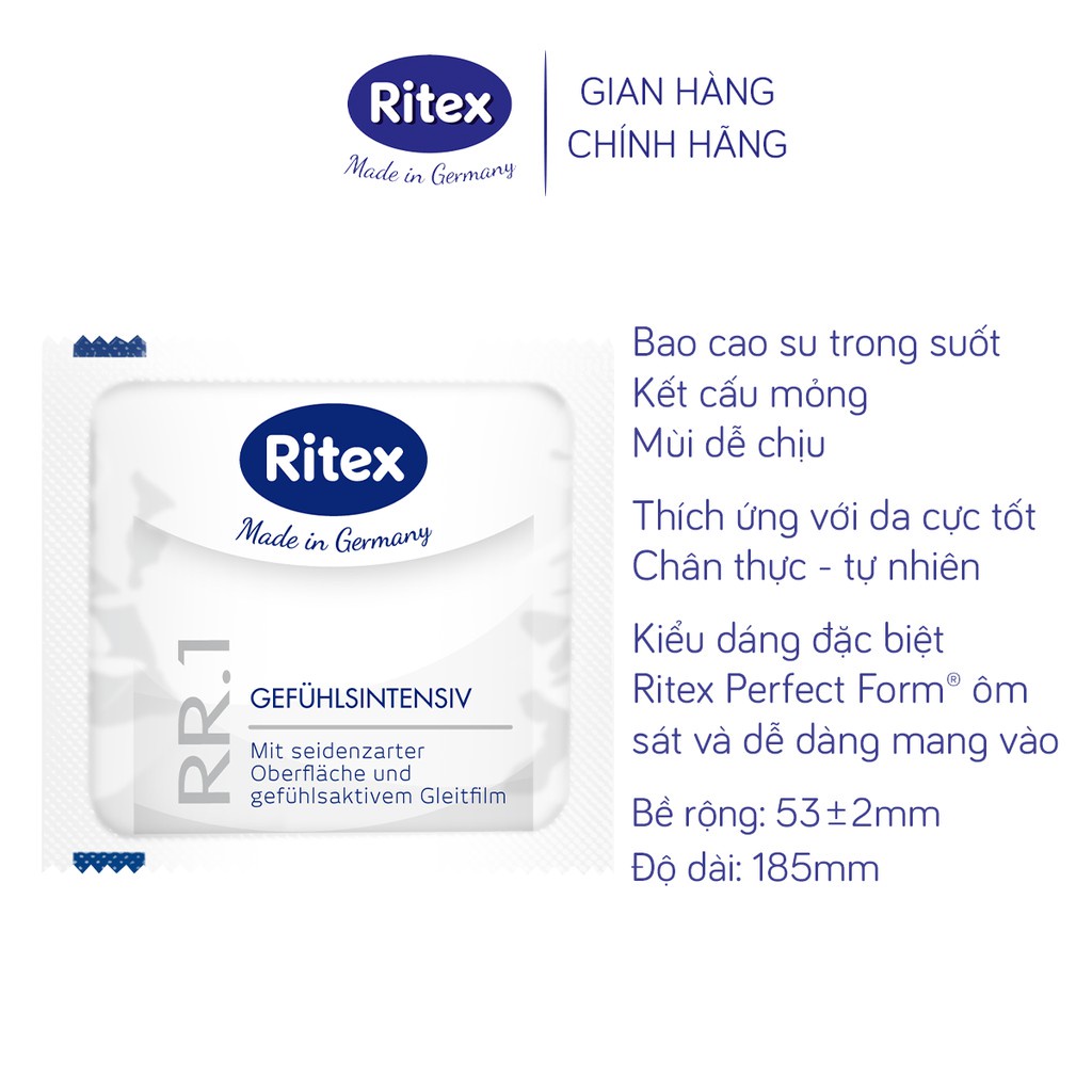 Bao cao su Ritex RR1 trong suốt, mềm mịn, siêu bền hộp 3 bao - Hàng nhập khẩu chính hãng