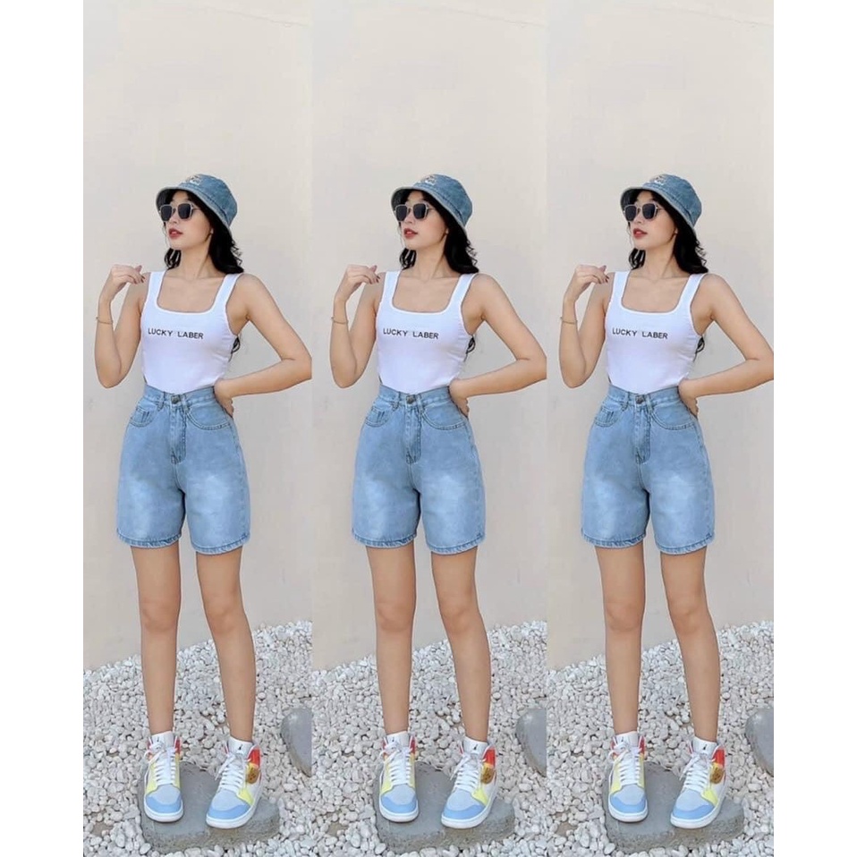 Quần Sọt Jeans Ngố Lửng Ống Rộng Nữ Chất Bò Lưng Cao ULZZANG
