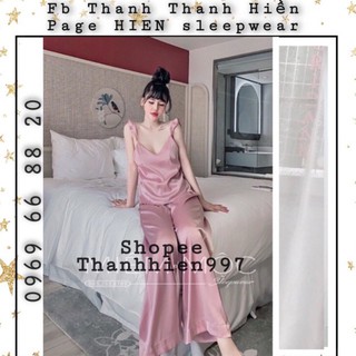 Bộ lụa mặc nhà hai dây quần dài ống rộng màu trơn tơ tằm thiết kế