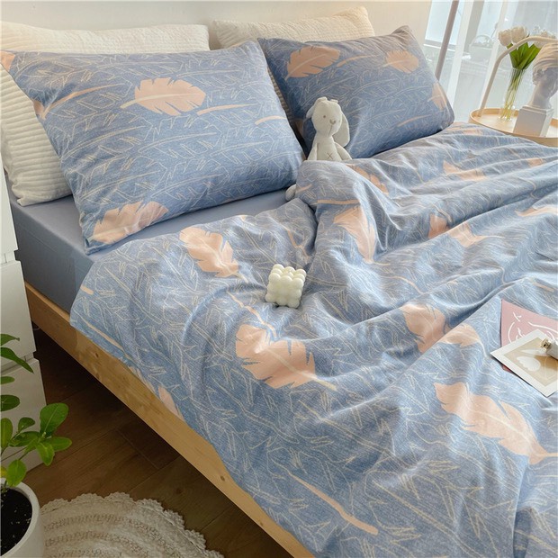 Bộ 4 món Chăn ga gối Cotton Living mẫu Lông Vũ Xanh.