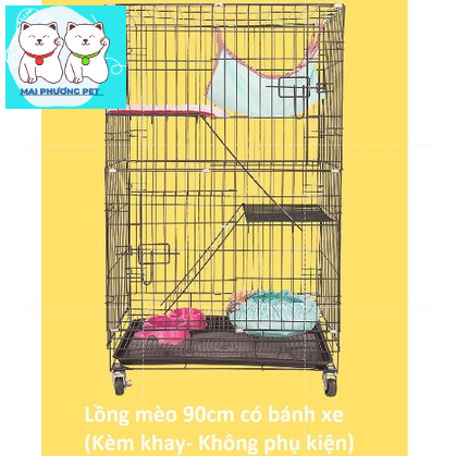 LM600 - Chuồng mèo 3 tầng Size S Lồng mèo gấp gọn có bánh xe KT 90cm rộng 60cm sâu 40cm (nuôi 2 mèo