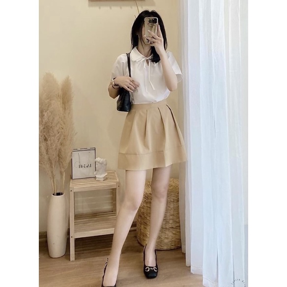 SNU385 - SET NỮ ÁO TRẮNG CỔ REN NƠ MIX CVAY NÂU
