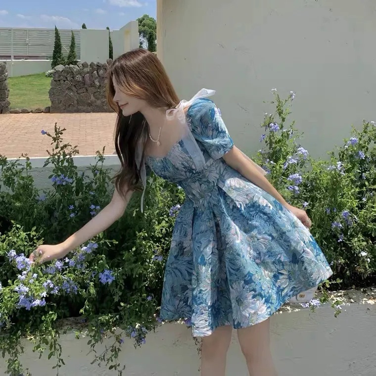 [MURIOKI] Đầm Chữ A Cổ Vuông Họa Tiết Tranh Sơn Dầu Ngọt Ngào Cho Nữ