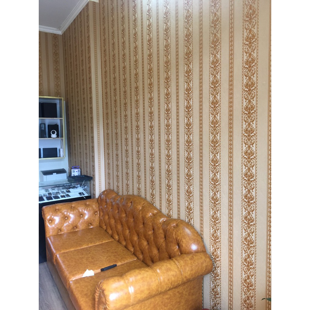 10m Giấy Dán Tường Hoa Văn Cổ Điển Dải Dọc Cho Phòng Khách, Lụa Không Keo, Màu Vàng Đồng, Trắng, Nâu