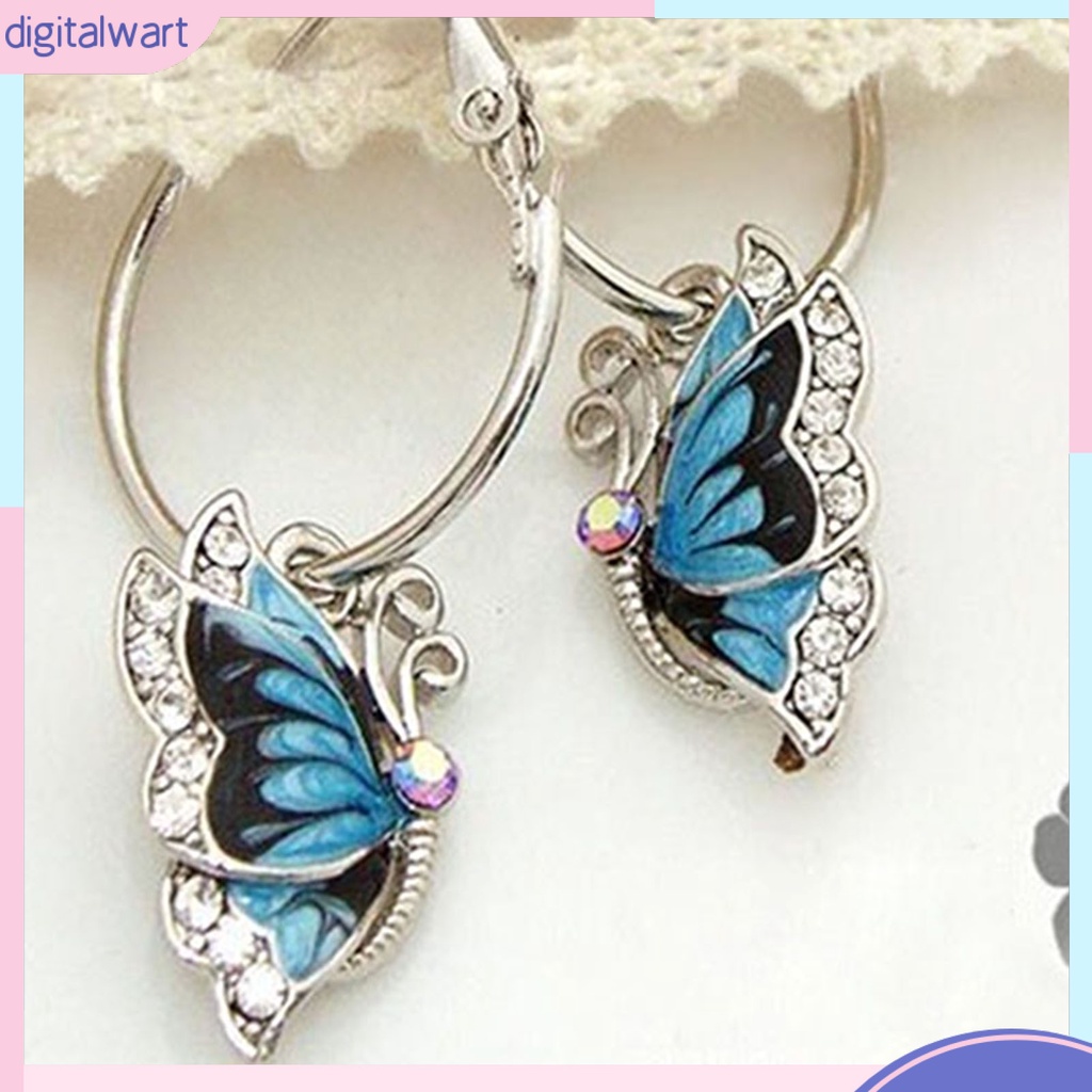 Đôi khuyên tai tròn thiết kế hình bướm đính đá pha lê nhân tạo xanh dương sang trọng cá tính dành cho nữ