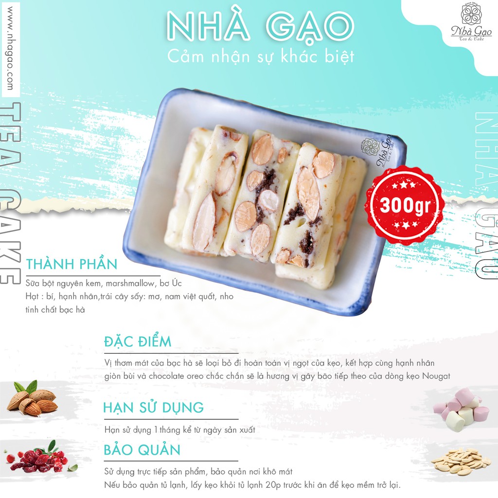 Kẹo nougat cao cấp Nhà Gạo vị bạc hà hộp 300gr
