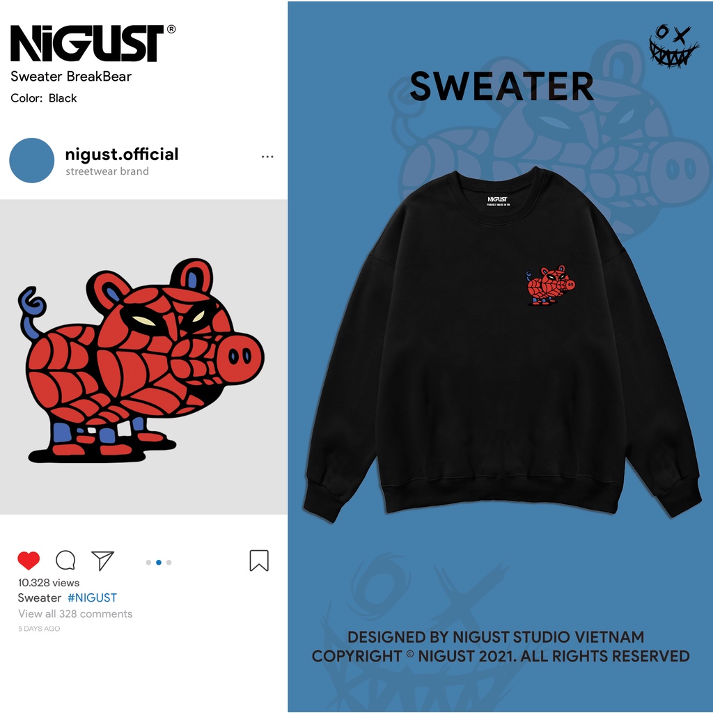 Áo sweater unisex NIGUST Spidee Mon N003-004-011 chất liệu nỉ da cá form rộng màu đen trắng Fullbox