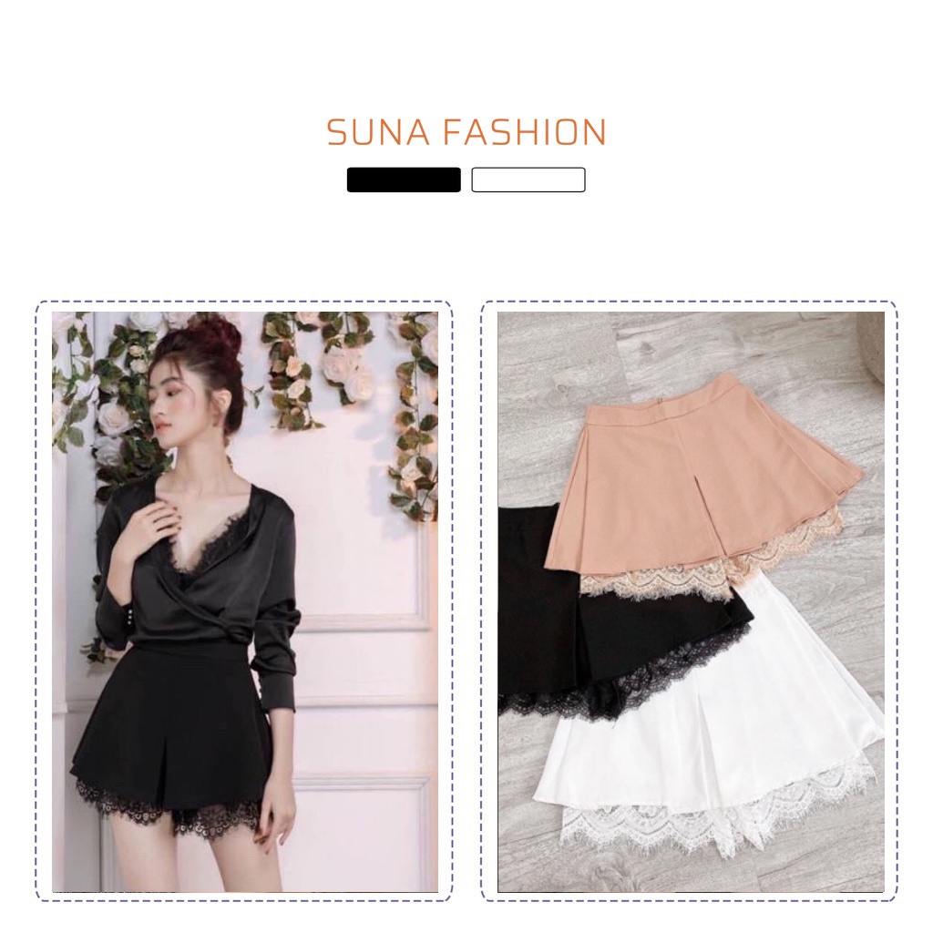 Chân váy ngắn lưng cao phối ren, Chân váy nữ viền ren chất tuyết mưa SUNA FASHION CV015