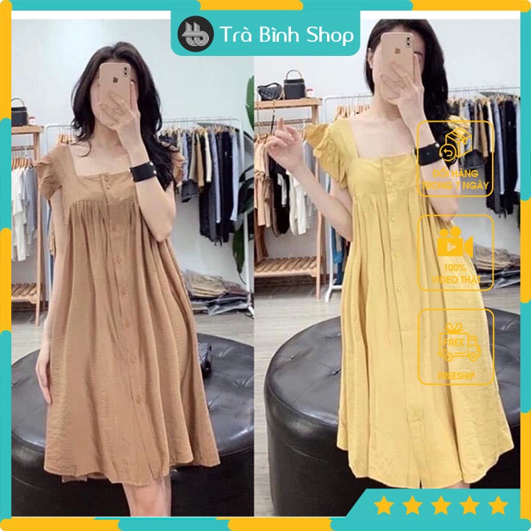 Đầm suông chất đũi tay cánh tiên váy dáng dài đính cúc xếp ly form rộng