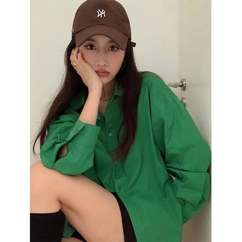 Shirt Spring clothes women's 2022 new net red retro green shirt women's design sense niche boyfriend style chic top trend Z2