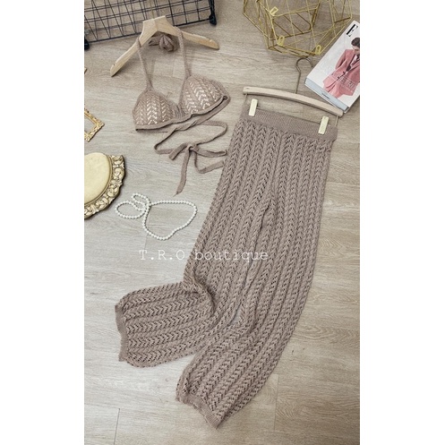 Set áo ngực quần ống rộng lưới đi biển, Set lưới bikini mặc đi biển siêu xinh