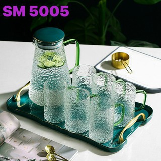 Bộ bình cốc và 6 cốc dáng cao thủy tinh sần chịu nhiệt cao cấp