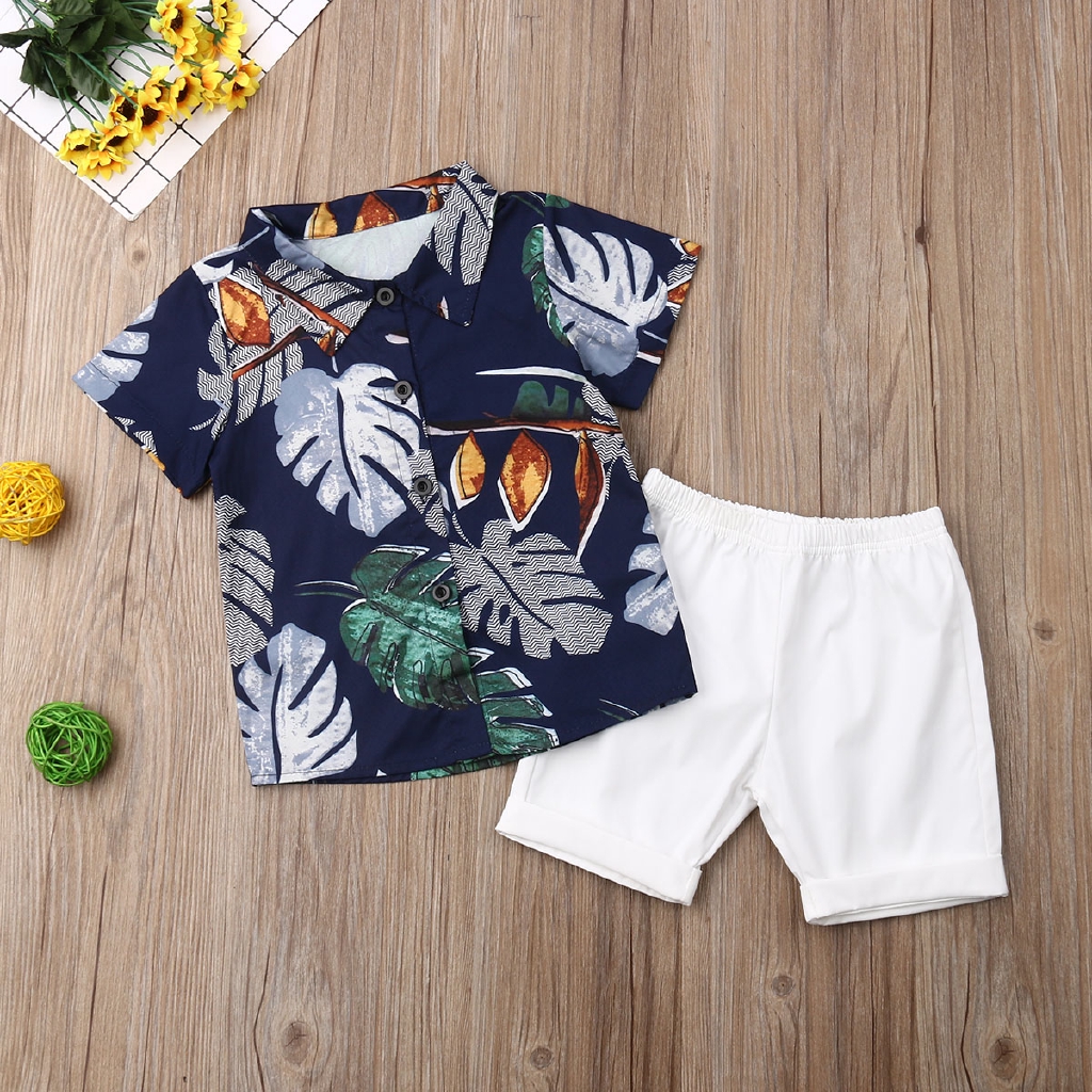 Bộ trang phục 2 món gồm áo và quần ngắn phong cách Hawaii mùa hè dành cho bé trai bé gái