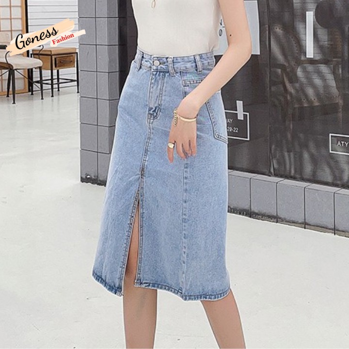 Chân váy Jean denim Goness thiết kế midi dài xẻ tà lưng cao dáng chữ A cạp cao thời trang | BigBuy360 - bigbuy360.vn