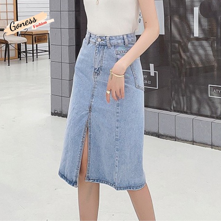 Chân váy Jean denim Goness thiết kế midi dài xẻ tà lưng cao dáng chữ A cạp cao thời trang