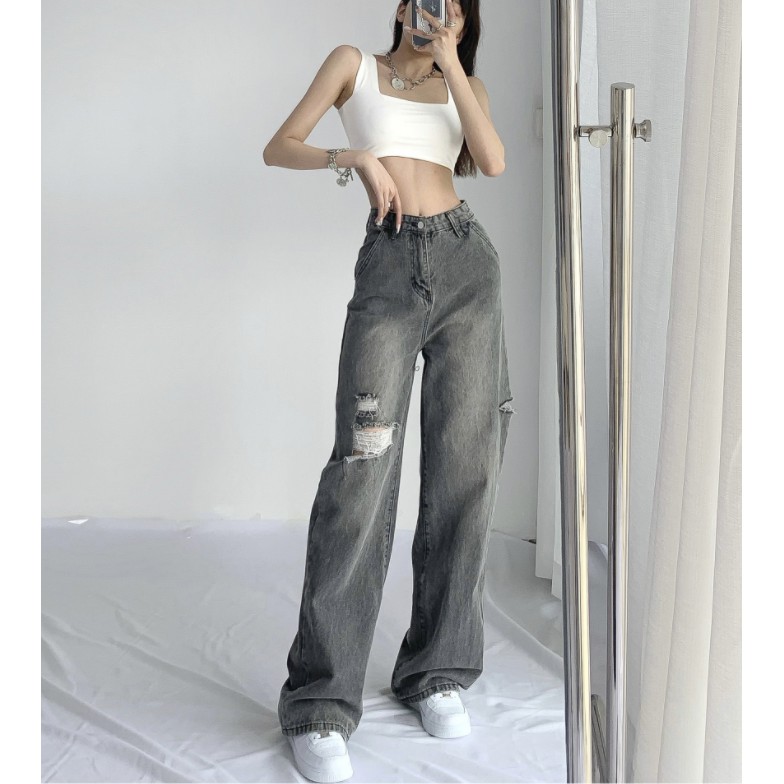 Quần Jean Dài Ống Rộng Rách Gối Màu Khói Phong Cách Âu Mỹ Thời Trang Mùa Hè Mới Cho Nữ 2021