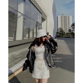 Áo khoác da nữ cổ bẻ form rộng unisex