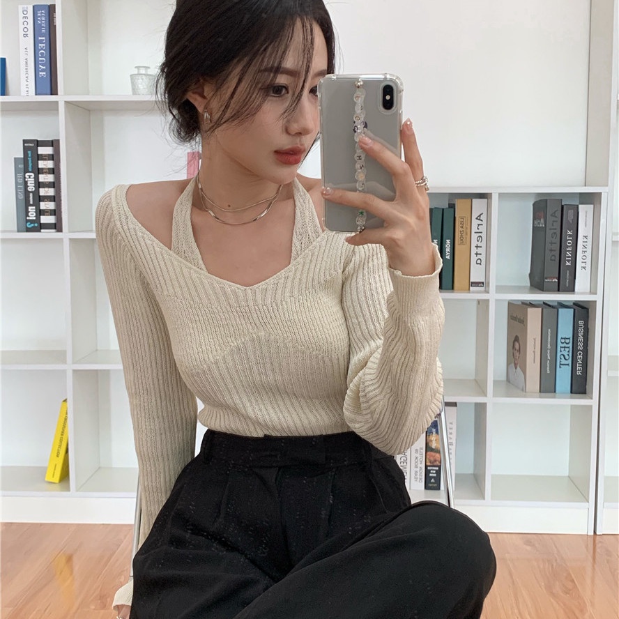 Áo len tay dài cổ chữ V màu sắc thời trang cho nữ