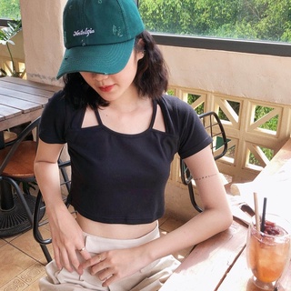 Áo croptop thun ngắn cut out vai thời trang GAGO màu đen GA3892