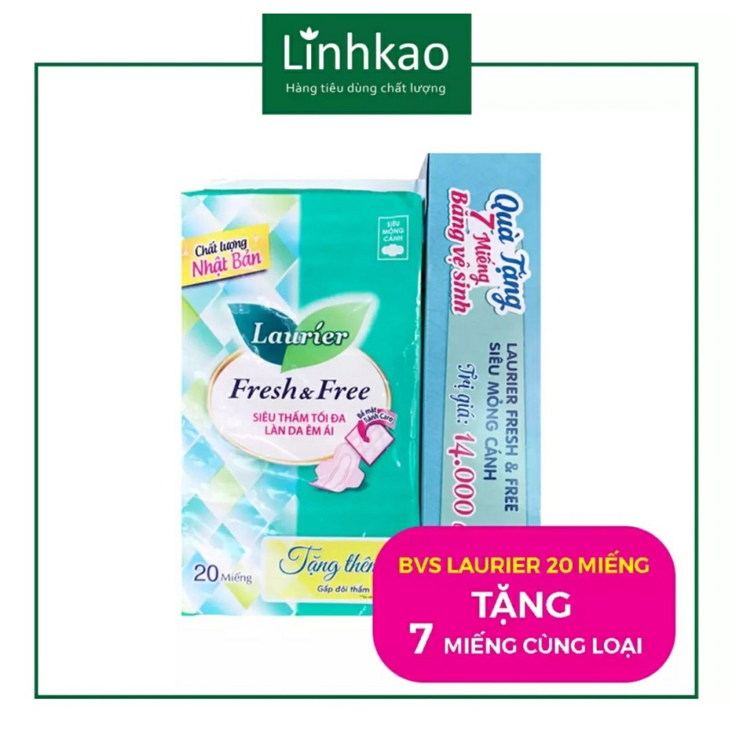 ( combo 2) Băng vệ sinh laurier fresh&amp;free siêu mỏng 20 miếng tặng 3 miếng ban đêm/ tặng 7 miếng cùng loại